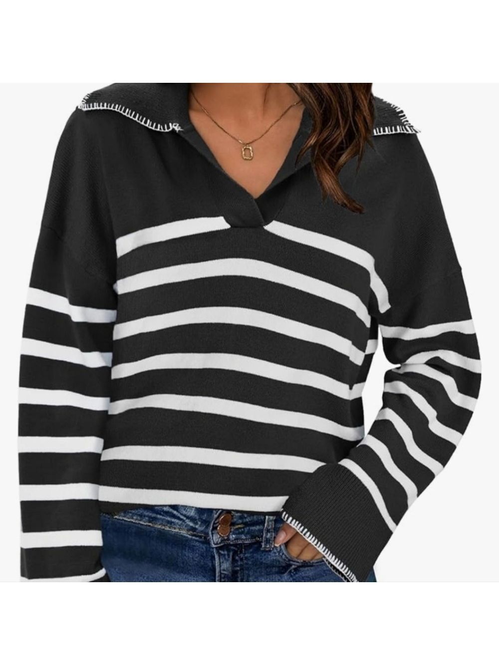 Bloggerlove Women's V Neck Collard Striped Long Sleeve Sweater NWT Size L